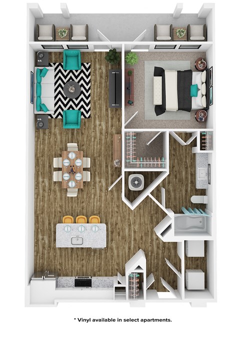 Floor plan for 1 bed, 1 bath, 907 sqft